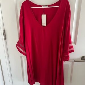 $18 Eloquii Bright Red V-Neck Tunic with Sheer Sleeve Stripes